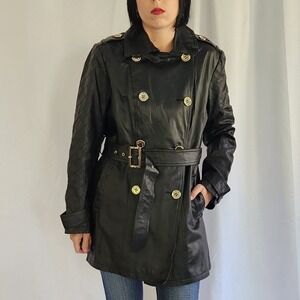 Iman Black Leather Trench Coat